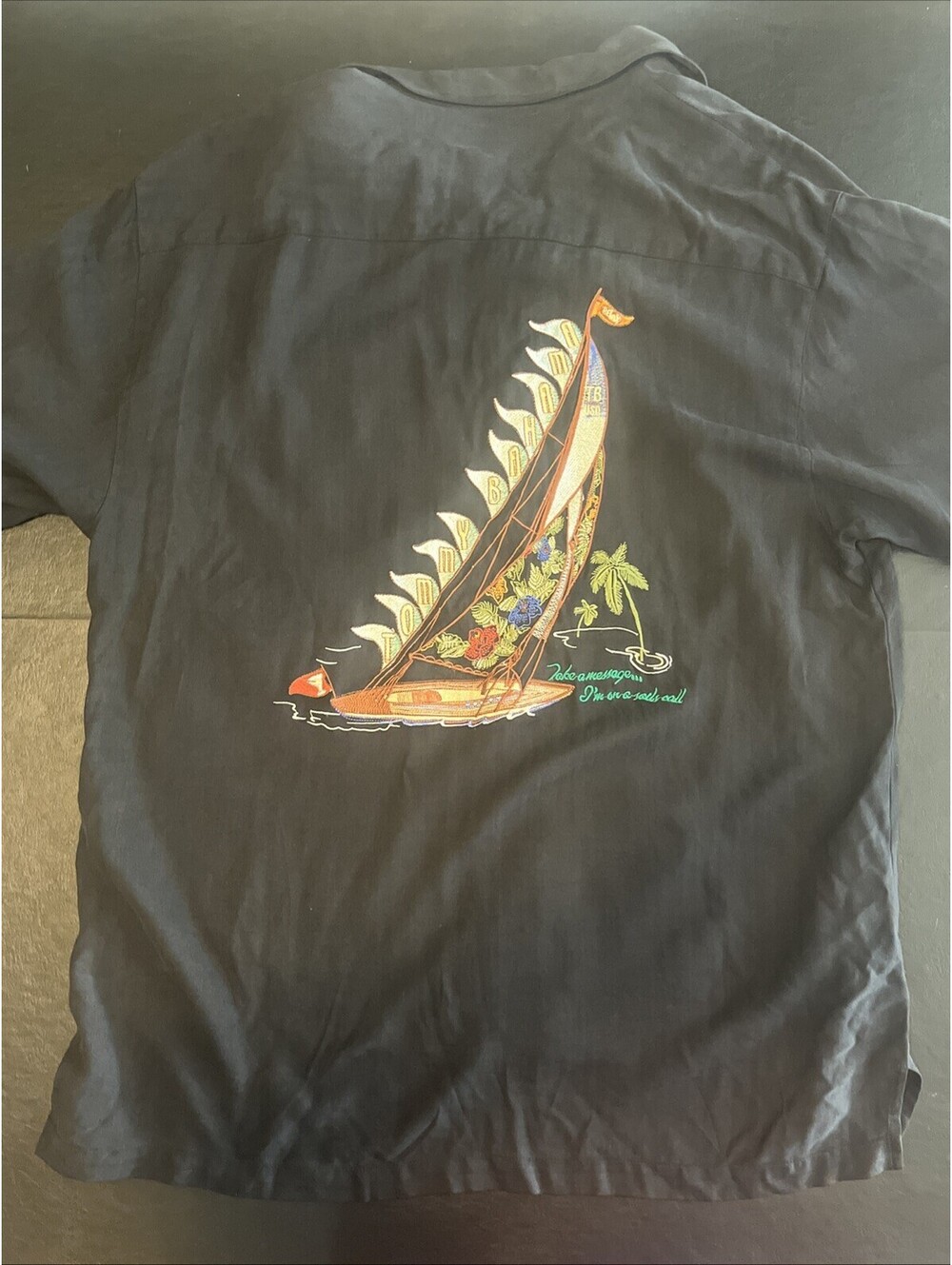 Tommy Bahama Sails Call Silk Camp Shirt Large Black Embroidered Sailboat X Large